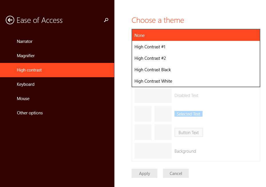 Windows 8.1 Control Panel for High Contrast