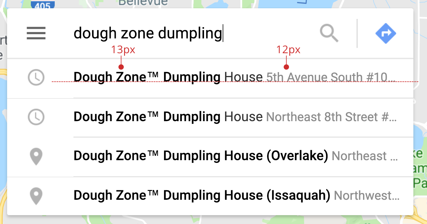 Screenshot of Google Maps search dropdown, showing results for Dough Zone Dumpling House
