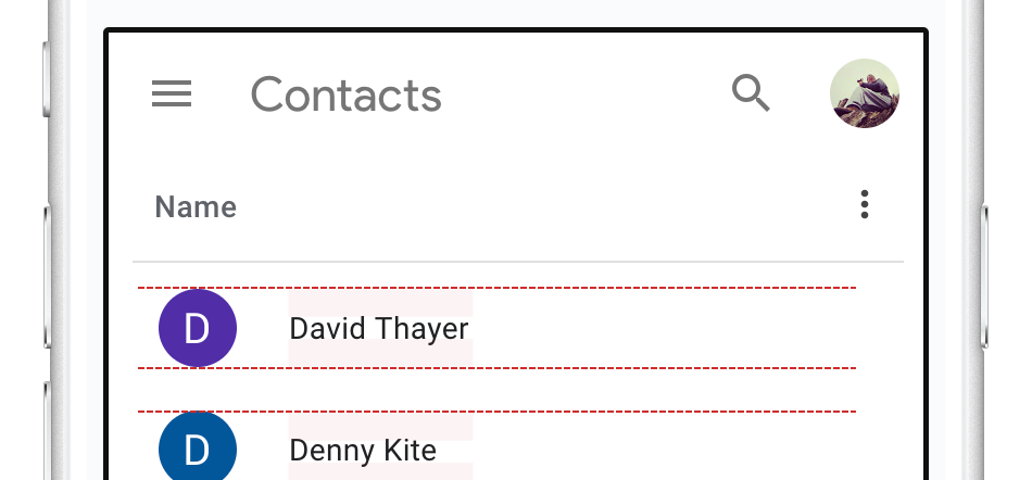 Screenshot of Google Contacts showing that next to each contact’s avatar, their name is vertically centered according to the first uppercase letter
