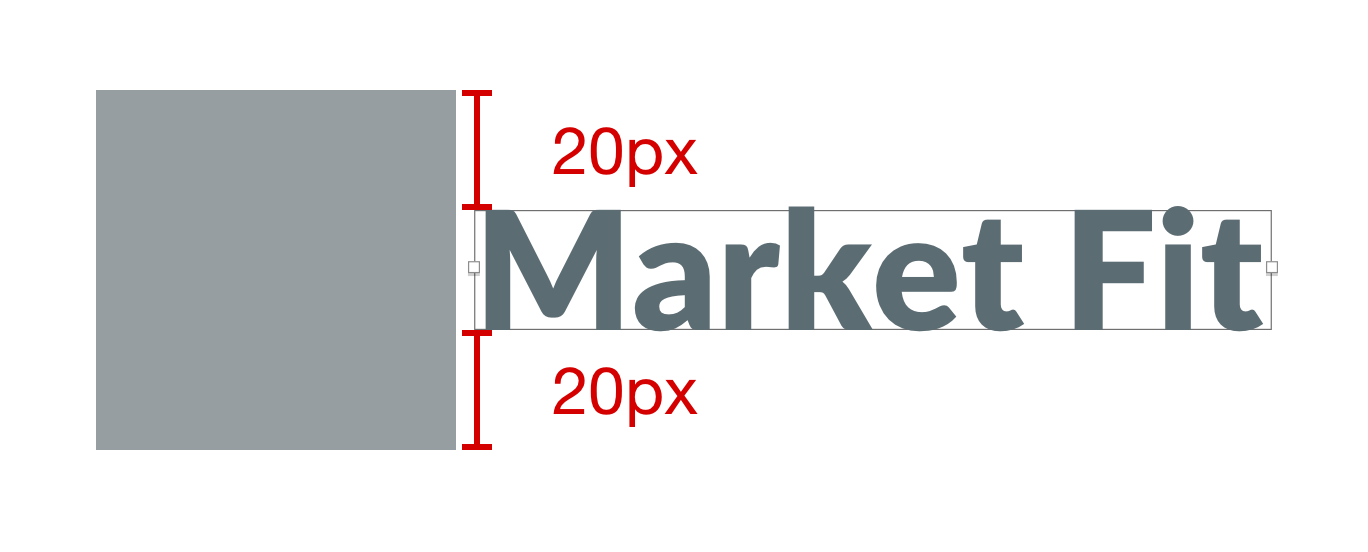 A square icon (left) and text (right), annotated to show 20px above the cap height and 20px below the baseline. It looks perfectly centered to the icon