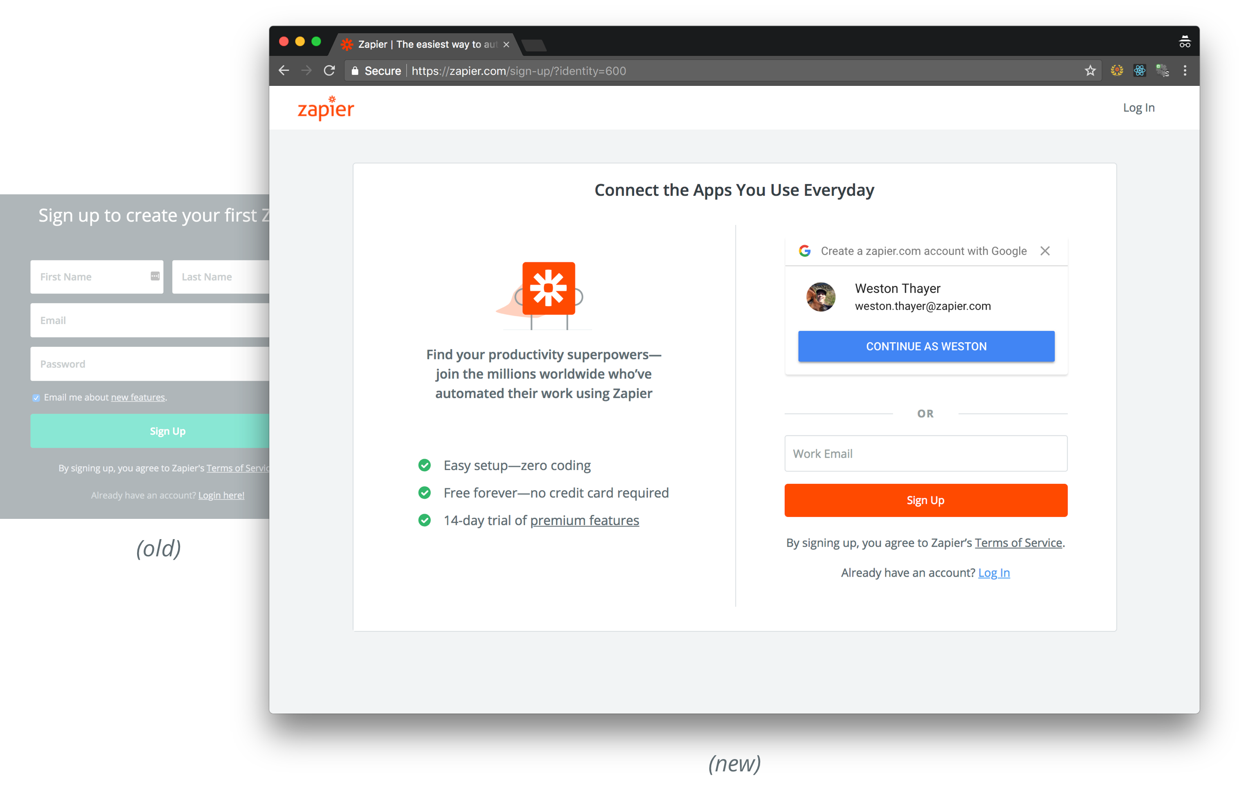 Zapier's sign up page