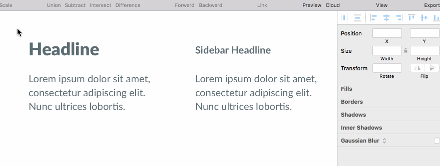 GIF showing the effect of Sketch's bottom alignment on a big headline and a small headline